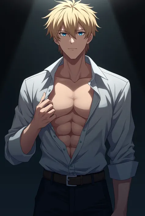 A handsome mature schoolboy with blond short well-styled hair and blue eyes unbuttons his shirt revealing toned body. All this is happening on the dark background. Anime. 