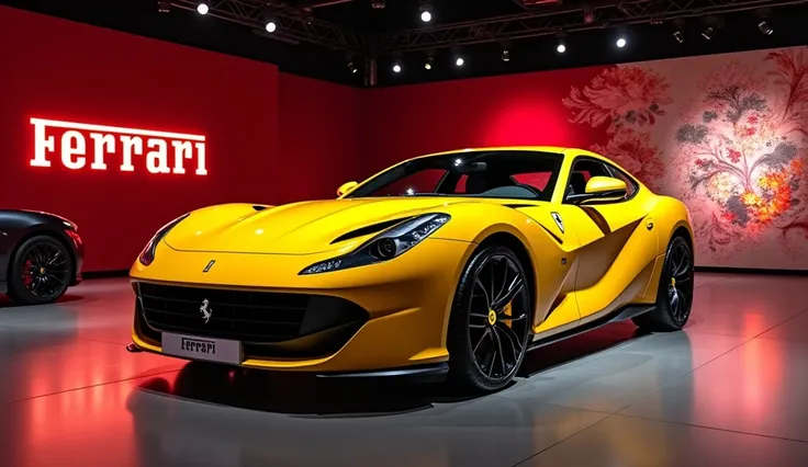 Give me a competative image of ( Ferrari portofino M ) (Yellow ) in showroom and the car name ( Ferrari ) should be write on the showroom Wall with beautiful colour and style 