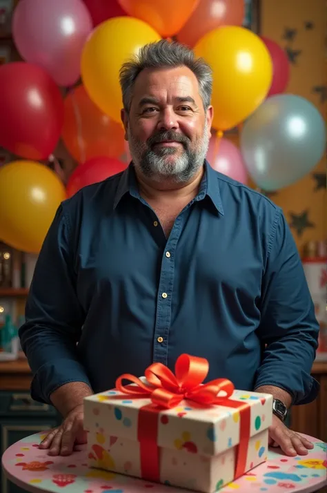 Realistic, man 45 years, buxom body, thin smile, wearing dark indigo shirt standing behind birthday present, balloons on the background 