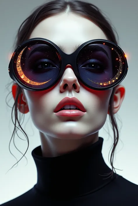 The model is wearing sunglasses with stars and the moon on the glass.