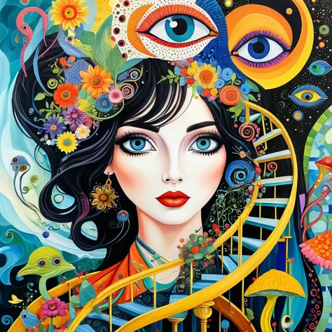 Colorful black，Dopamine color matching，abstrata painting woman and animal、flowesh、spiral staircase、Tentacles、bird、(((Eye)))、diatom，Abstract mosaic painting，Describing the inner world of autistic people，Sense of space，Large area of white，interesting，Innocen...