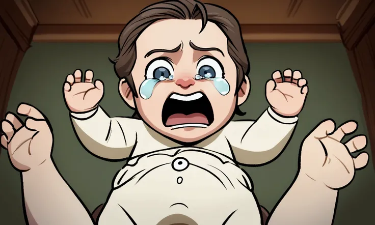 (parody, meme) a little animated baby (cartoonish, big stinky diaper, realistic face of Gavin Newsom, gushing tears), baby has a poopy diaper and is having a screaming fit flailing his little arms and crying for attention, in front of reporters in an inter...