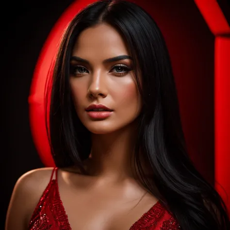 a beautiful woman with long black hair, striking eyes, full lips, high cheekbones, wearing a glamorous red dress, posing confidently, dramatic lighting, cinematic color grading, ultra-detailed, photorealistic, (best quality,4k,8k,highres,masterpiece:1.2),u...