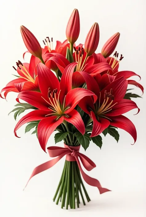 Bouquet of red lilies tied with a bow, realistic 