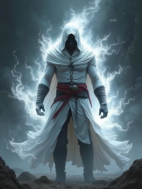 masterpiece, high quality, upper body, high resolution, Muscles, white black fire, white and black energy, white assassin, cloak, mask, fantasy, shadow, light, light reflection