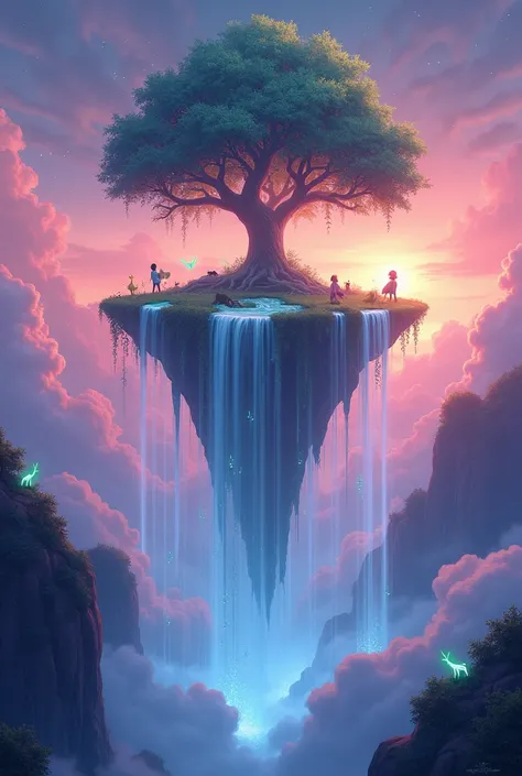 A surreal artistic illustration of a floating island in the sky, with cascading waterfalls falling into clouds below. The island has a large tree in the center with glowing leaves, surrounded by small, glowing plants and mystical animals. The sky is a grad...