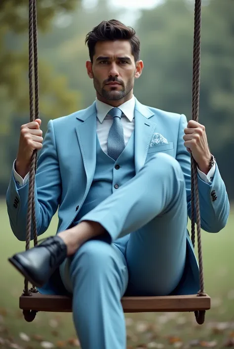 Full body man sitting on a swing with his legs open, with one hand up holding the swing rope and the other hand resting on his leg, wearing a light blue suit, light blue tie, light blue pants and black shoes