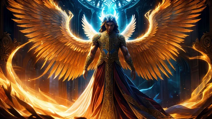 a man chosen by a god, angel transformation, detailed angelic features, beautiful ornate wings, mystical glowing aura, dramatic lighting, cinematic composition, ethereal and otherworldly, dramatic mood, intricate details, vibrant colors, photorealistic, ma...