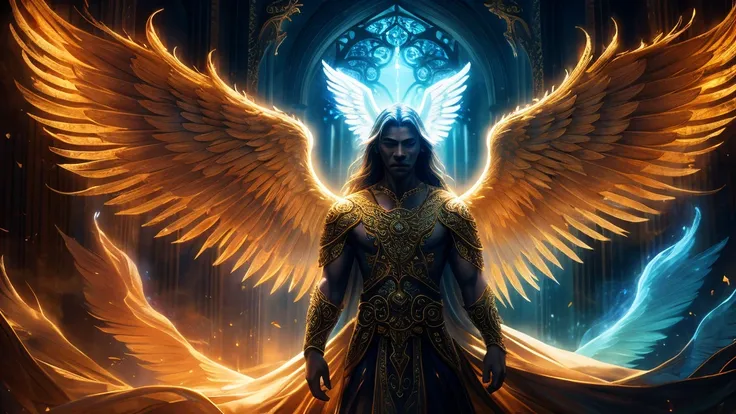 a man chosen by a god, angel transformation, detailed angelic features, beautiful ornate wings, mystical glowing aura, dramatic lighting, cinematic composition, ethereal and otherworldly, dramatic mood, intricate details, vibrant colors, photorealistic, ma...