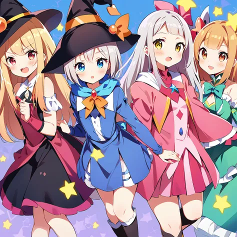 Magical girls series, witch outfits, wizard hats, girls surrounding, multiple girls, 