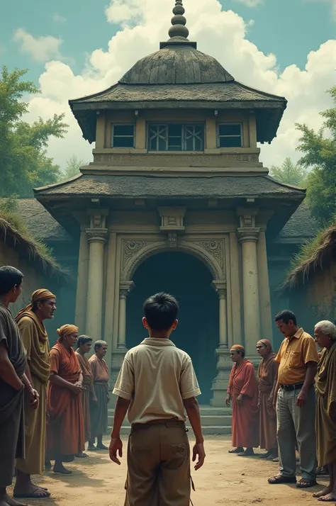 Decline of morality
"In front of an old temple whose colours have faded, many people are doing wrong things in their greed for money and power. The main character, a village youth, watches this degeneration in despair. There is a look of pity and sympathy ...