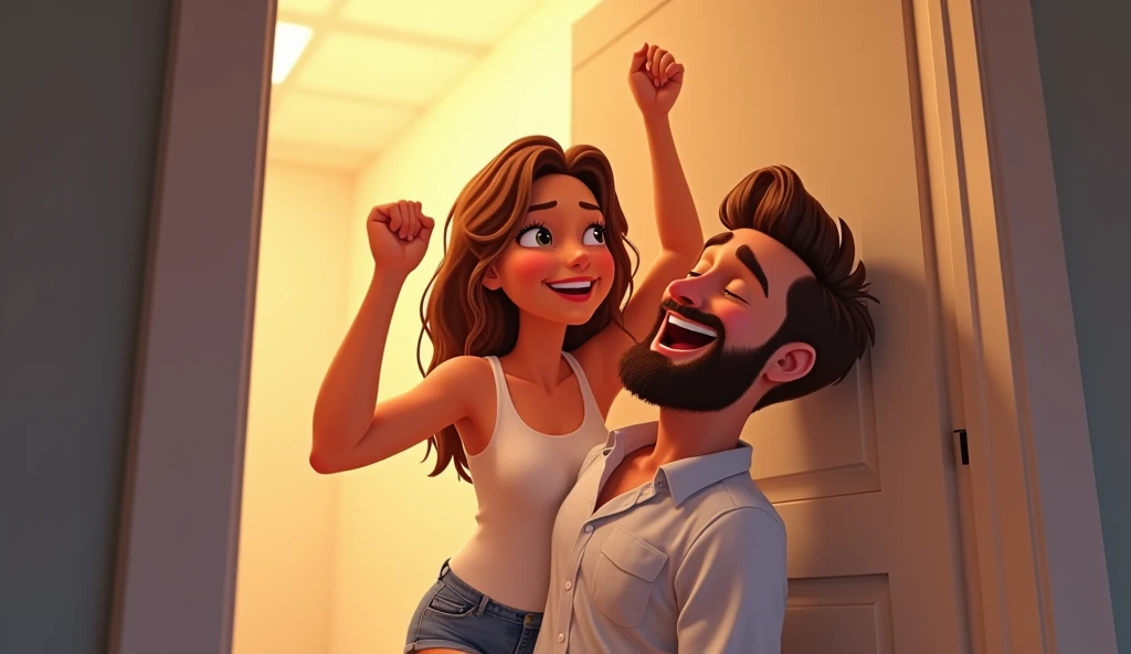 Pixar drawing of a handsome man, white skinned, brown hair, short beard, very happy and excited with his eyes closed celebrating on his knees in front of a beautiful woman, long brown hair, smiling. She is wearing a white tank top and short denim shorts.. ...