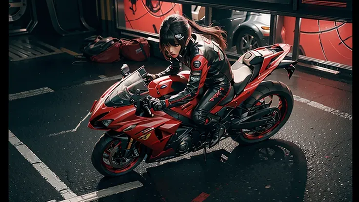 Highest image quality, outstanding details, ultra-high resolution, (realism: 1.4), Motorcycle sport, cyberpunk style, red fire colour, the background is a high-tech lighting scene of the future city.