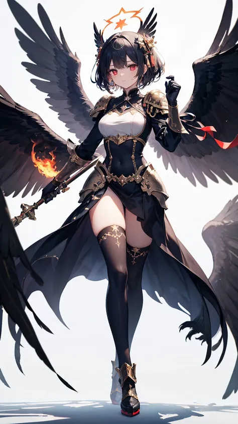 masterpiece, Best Quality, Very detailed, Anime Style, カラスの悪魔の少女のwhole body, A flock of crows made of shadows, Giant Wings, Dancing crow feathers, Many glowing red eyes, Jet black powerful armor, Warhammer 40K, Shadow Claws, Supernatural Lightning and Fire...