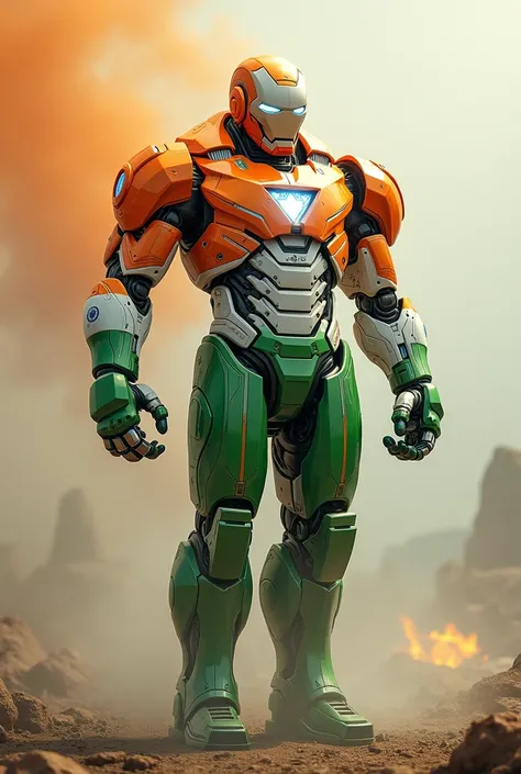 Robot and human mixing india Flag colour iron man shuit colour white and green and orange 