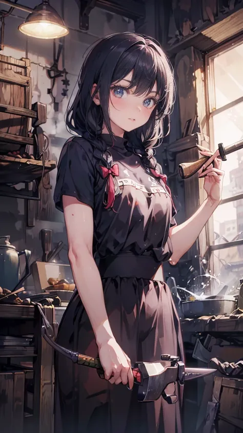 ((Blacksmith girl student:1.25,Teenage Girls,Muscular girl,Soft looking lips,Glowing Skin,Hair is braided,Soft-looking skin:1.25,Hair Ribbon,Hair is braided,Forging a sword)),(8k, Best Quality, masterpiece: 1.2, masterpiece, Attention to detail,Very detail...