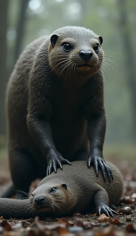 A dead otter animal is lying on the ground and an mole animal is standing with one foot on top of the otter.mole size bigger then otter.