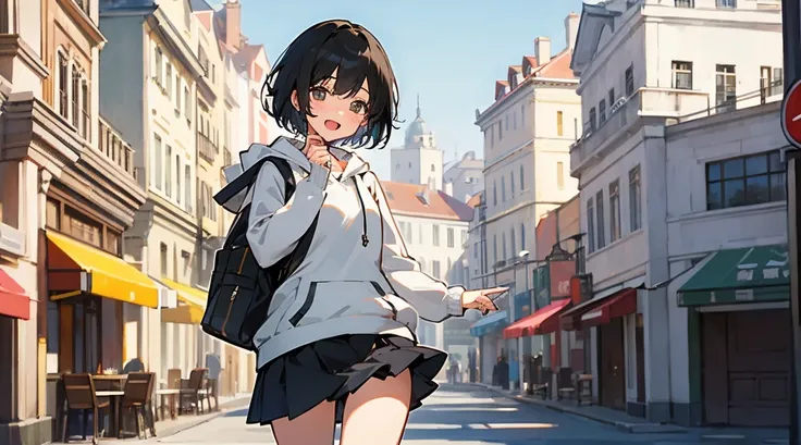 {Best Quality}、Stylish cafe terrace、Smile at me、、Black short hair、Female university student、Feeling embarrassed、Open your mouth、smile、hoodie、Short skirt、Cowboy Shot