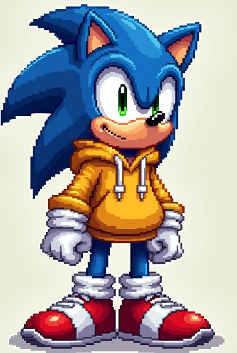 Pixel art Orange Sonic with yellow hoodie and blue shoes