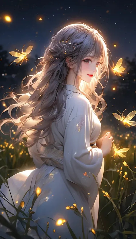 masterpiece:1.2,Best Quality, High resolution, 16k, Ultra-realistic:1.37, Beautiful details, Beauty, Standing in a beautiful pose, Smiling Kindly, flowing hair, Night Grassland, Firefly in hands, Firefly on hair, Many Firefly fly around:1.3, Fireflies danc...