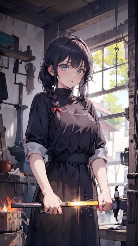 ((Blacksmith girl student:1.25,Teenage Girls,Muscular girl,Soft looking lips,Glowing Skin,Hair is braided,Soft-looking skin:1.25,Hair Ribbon,Hair is braided,Looking at the sword)),(8k, Best Quality, masterpiece: 1.2, masterpiece, Attention to detail,Very d...