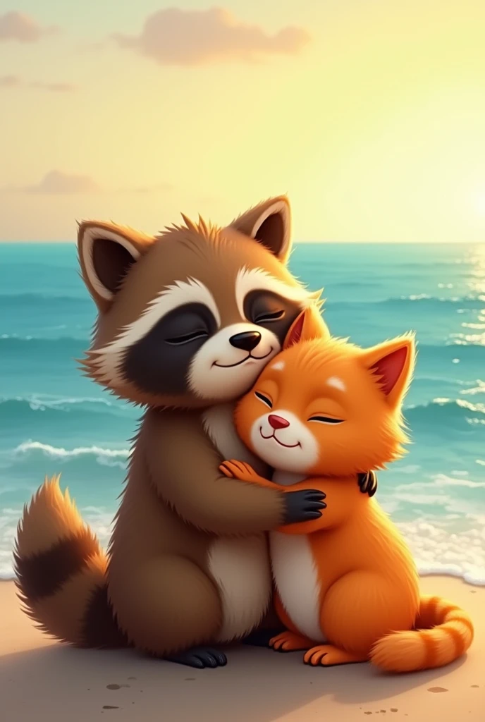 Brown Raccoon and orange cat kissing at one from around the sea