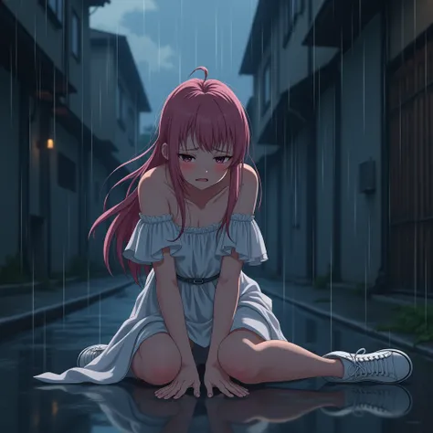 A 20-year-old Thai girl with beautiful eyes and a delicate face is crying. Her long pink hair is messy. She wears a white off-shoulder dress with ripped sleeves and white sneakers. Her body is soaked in the rain. She falls to the ground in an alley. Evenin...