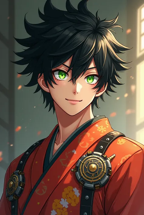  Anime adult man with spiky black hair with lime eye and scrap wearing kimono and smiling