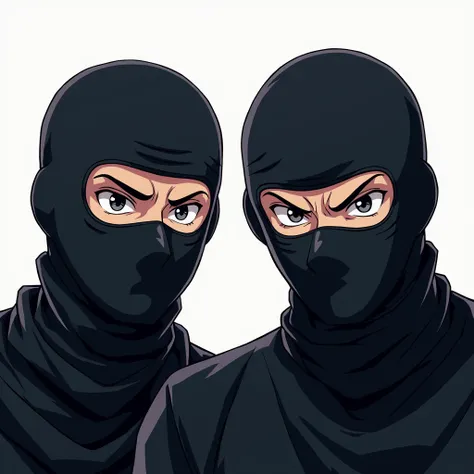 Two bandits in balaclavas with narrowed eyes look up at the camera (white background) anime style (fisheye lens) 