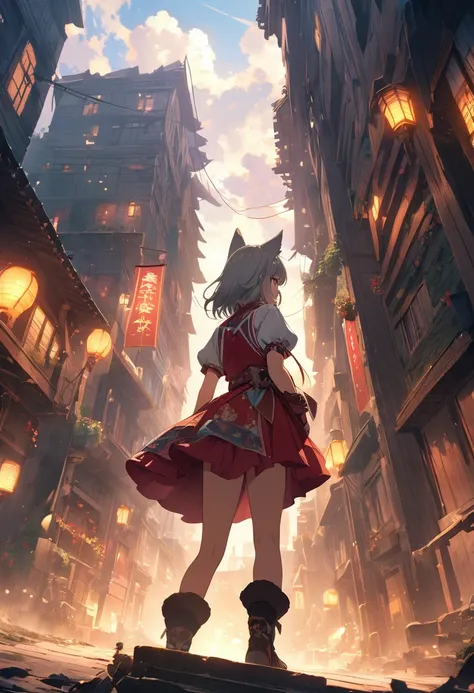 (masterpiece:1.2), (Best Quality:1.2), Ultra high resolution and extremely detailed, Perfect lighting, Wolf Girl, Gray Hair, National Costume, Otherworldly fantasy, Cute, Dynamic Angle, From behind, Low Angle,Digital anime art,Anime style illustration,Anim...