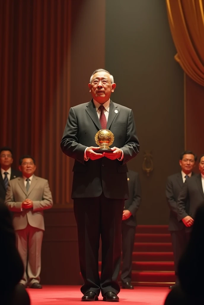 A man was awarded the Ho Chi Minh Prize for his great contributions. He stood on stage., humbly accept the reward. 