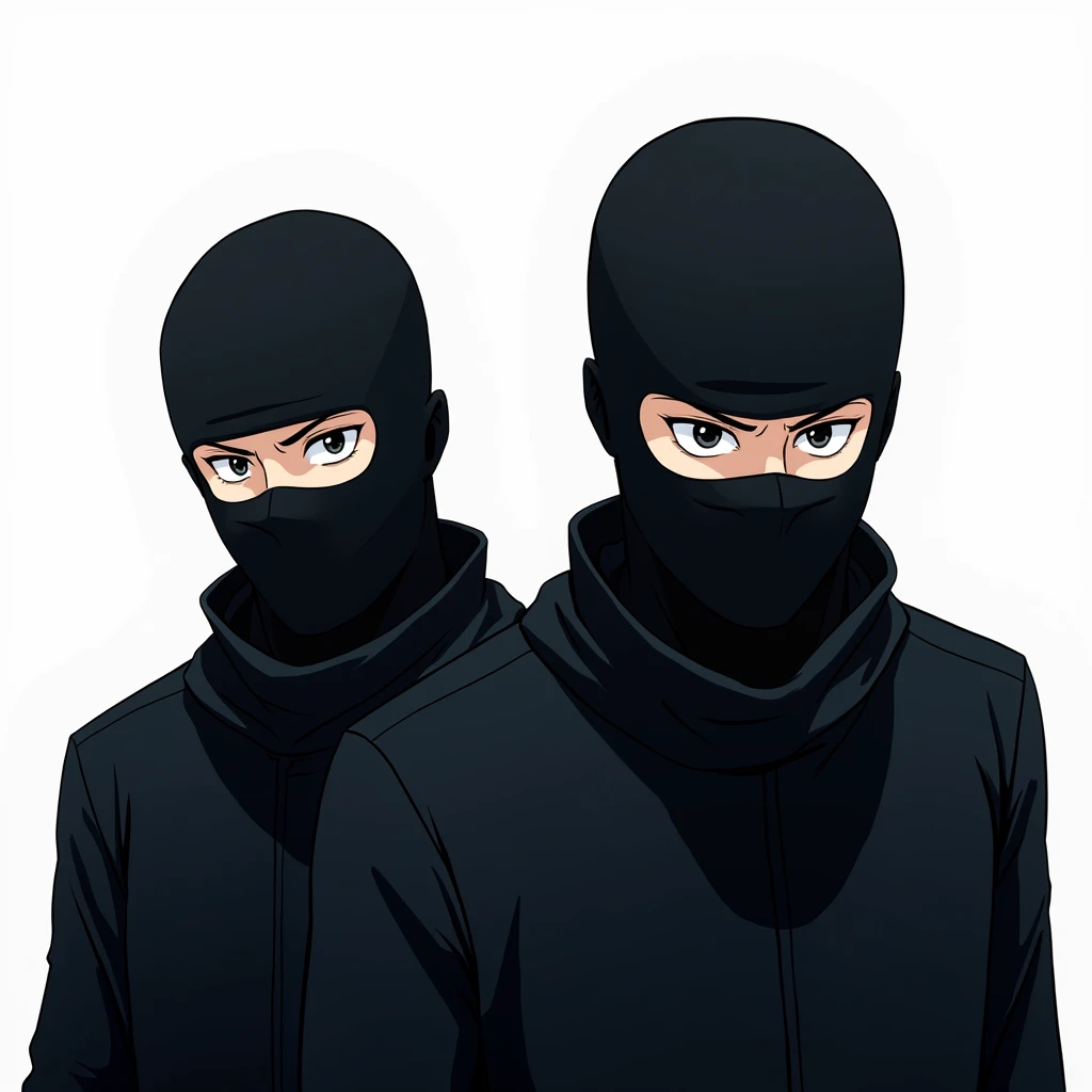 Two bandits in balaclavas look up at the camera with relaxed eyes (white background) anime style (fisheye lens) 