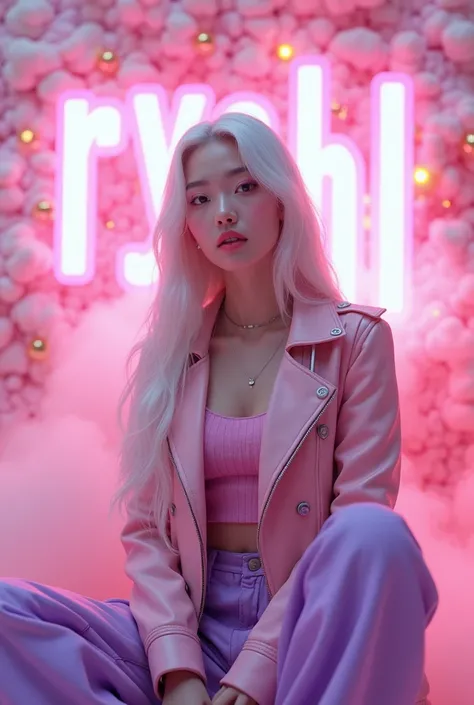 (A photo of a beautiful Korean girl  with   white long  hair .she is looking front of the large name "rychl". She is dressed in a pink and pink leather jacket top and purple cargo pants outfit. The girl is seated behind of a large, vibrant 3D render of the...