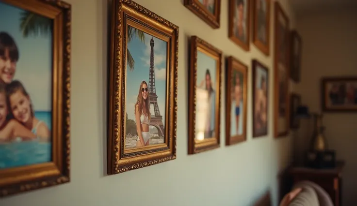 Close-up of framed photographs on a wall, showing a younger Elisa with her three children in various exotic locations: smiling in Rome, on a beach in Greece, and laughing under the Eiffel Tower. The photographs contrast with the current quiet and empty roo...