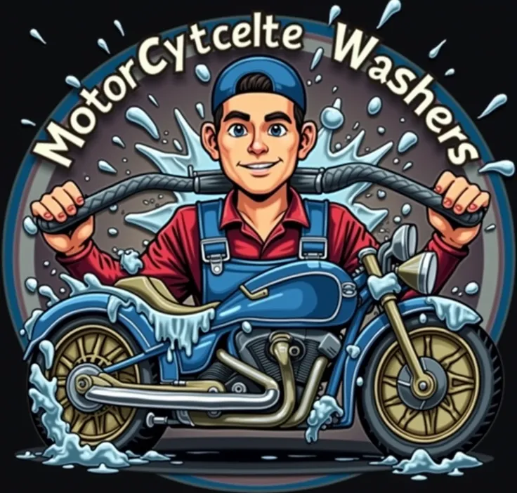 CIRCLE LOGO image of a man holding a motorbike washing tool,,there is text "MOTORCYCLE WASHERS,,In the logo there is a motorbike that has been washed and decorated with motorbike washing tools such as brushes.,hose,soap,and there are splashes of water foam...