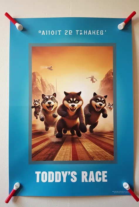 wall with a poster stuck to it, premiere in theaters in the film “toddy&#39;s race” with the premiere information of a racing film where square boxes in blue and brown colors, with arm, patte, cute face, red and white straw are running to compete