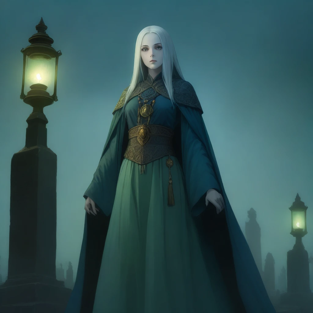 (masterpiece, best quality,dynamic angle,Dutch angle shot),1women,Ancestor,ong flowing silver hair, glowing faintly, sharp blue eyes, expressionless face, pale almost translucent skin, thin and tall figure, ancient ceremonial robes, standing in front of a ...