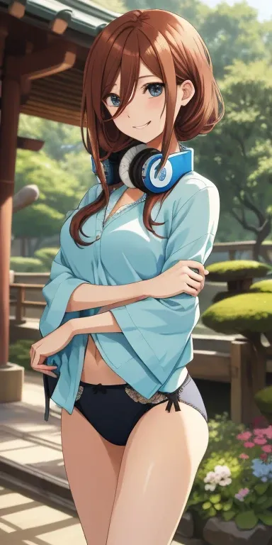 2D, work of art, best quality, anime, highly detailed, 1 , Alone, tiro de cowboy, Nakano Miku, brown hair, hair between the eyes,headphones, short top, medium breasts, Standing, , outdoors, smile,very tight and sexy lingerie,Japanese garden 