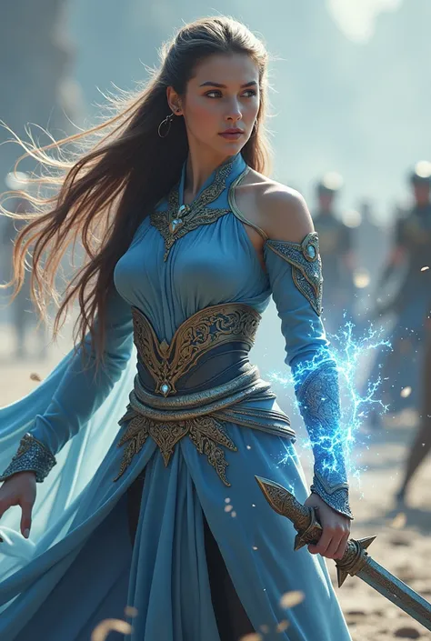 Gorgeous elven bladesinger, she wears a blue tunic with golden accents, a magical transparent and shimmering armor, she is posing in a combat ready stance, wielding a short sword in one hand and magic emanating from the other hand. she has long smooth brow...