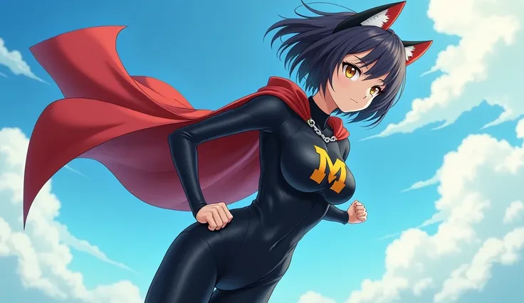 Beautiful girl superhero。Japanese。Short Hair。Cat ears。Big eyes、Long eyelashes。Thick arms、Abdominal muscles are muscular。My belly is visible。Large Breasts。Big Ass。Thick thighs。Tight fitting bodysuit。M mark on chest。Cape。Dressed in black。Flying in the sky。an...