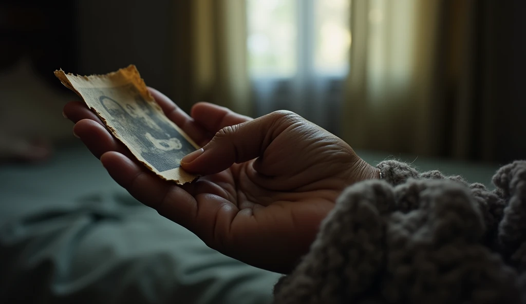 Close-up of Elisas hand, aged and trembling slightly, holding a worn photograph of her and her children from years past. The background is her dimly lit bedroom, with soft light filtering through partially closed curtains, adding a sense of quiet reflectio...