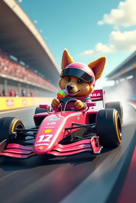 dog driving a formula 1 car eating a pastel
