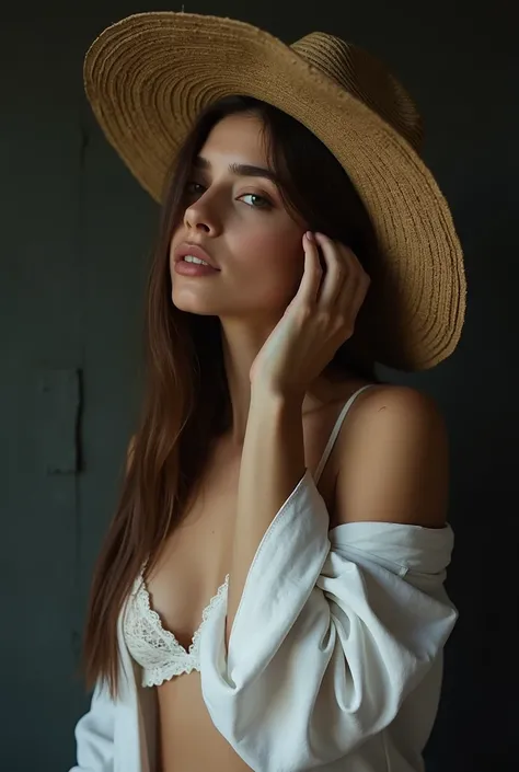 woman, sideways, dark wall behind her, long straight brunette hair, head tilted forward, hand on the side of the head, open white blouse falling from the shoulder, White lace bra, straw hat