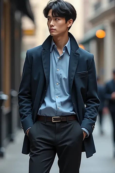 A young man wearing a light blue shirt, dark blue jacket, black trousers, black shoes, neat black hair