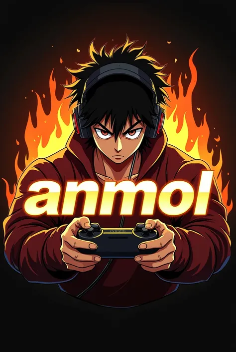 This is a gaming logo that features the name "Anmol" in a futuristic font and flames everywhere in background Golden color. and a boy baki hanma  wearing gaming headfones and taking a controller and looking at me , The logo also has a stylized controller i...