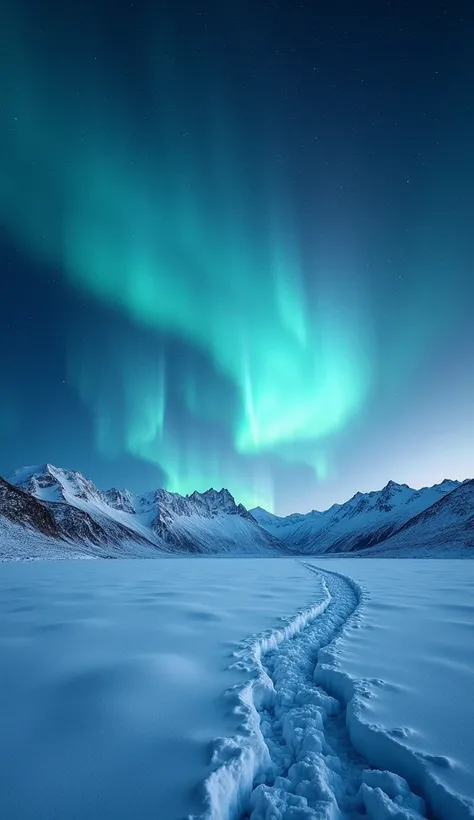 Expansive Snowfield: An expansive snowfield at night, with the aurora dancing across the sky. The horizon features distant mountains, and the auroras light creates a striking contrast against the pristine white snow, all captured in vivid detail.