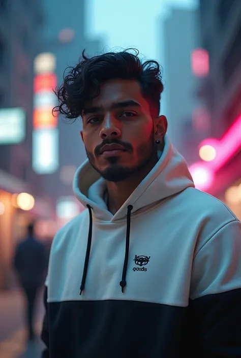 An Indian youth, his face fully revealed, stands nfidently amidst the cybernetic cityscape.

Adorned in a white and black hoodie, he exudes a sense of urban style and intrigue. Soft orange and green lights gently illuminate the scene, accentuating his feat...