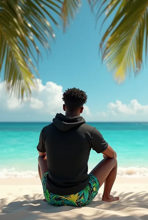 Create an image of a black teenager , sitting on the beach with his back turned in tropical shorts and black hoodie.
