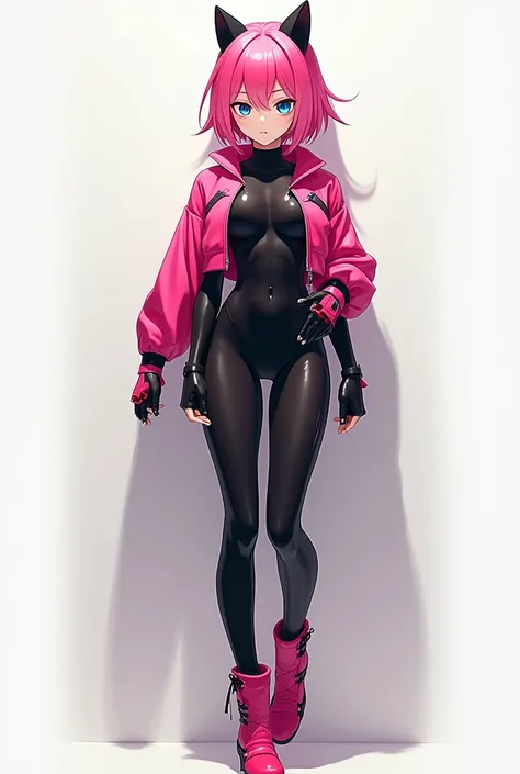 Anime girl with short hair that almost reaches her shoulder, totally pink, without any accessories. blue eyes. A tight all-black latex catsuit with long sleeves that cover the entire arm, without any opening, and black gloves that completely cover the hand...