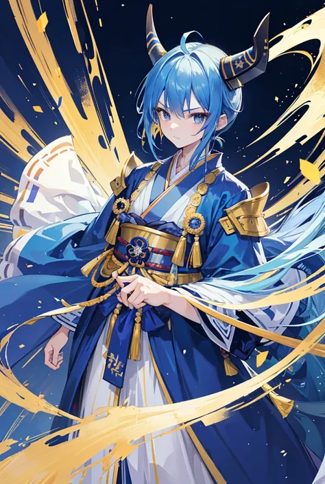 Standing portrait, Central Focus, Centered, Fully in-frame, Solo, Standing still, zoomed out

Gender: male

Appearance: blue hair, he wears a deep blue and gold samurai armor over a regal kimono and hakama clothes, he has gold bull horns and wears a face m...